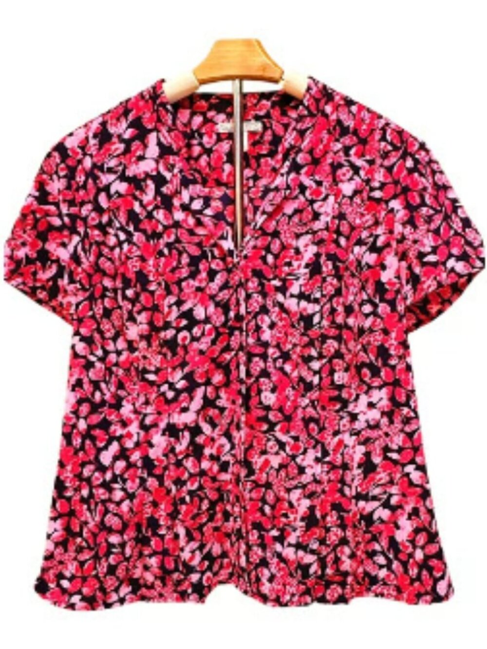 Dana Buchman Pink Blue Blouse Short Sleeve Floral Top Relaxed Fit Comfortable LG